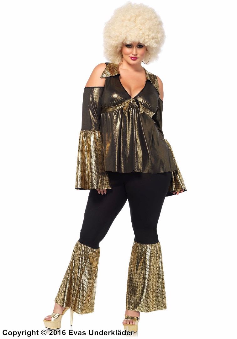 70s disco diva, costume top and pants, bell sleeves, cold shoulder, gold shimmer